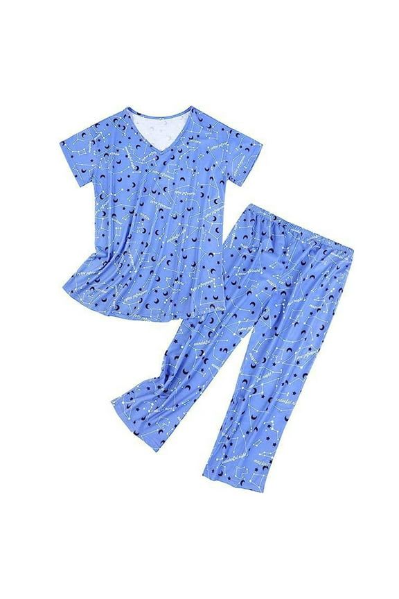 Pajamas for Women Pj Sets for Woman Summer Round Neck Suit Pajamas Short Sleeve Long Pants Pajama Set Ladies Pajamas Sets Lounge Sets for Women Z Blue S