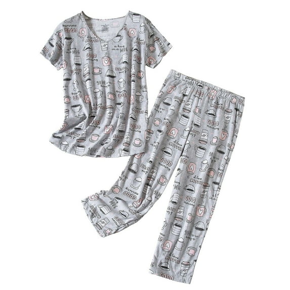 Yoodem Pajamas for Women Pj Sets for Woman Summer Round Neck Suit Pajamas Short Sleeve Long Pants Pajama Set Ladies Pajamas Sets Lounge Sets for Women Z Gray M