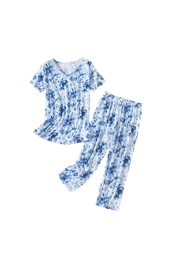 Pajamas for Women Pj Sets for Woman Summer Round Neck Suit Pajamas Short Sleeve Long Pants Pajama Set