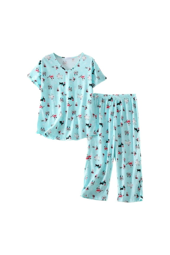 Pajamas for Women Pj Sets for Woman Summer Round Neck Suit Pajamas Short Sleeve Long Pants Pajama Set