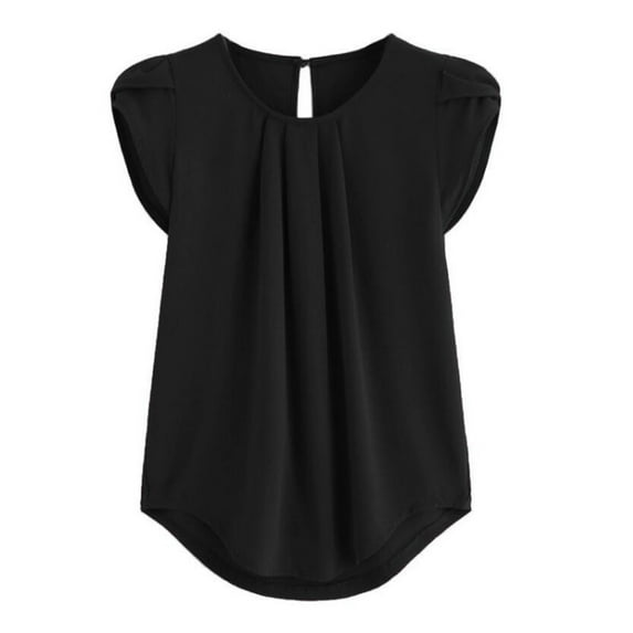 Yoodem Shirts for Women Womens Tops Short Shirt Round Sleeve Casual Neck Solid Color Chiffon Sleeve Short Blouse Women's Blouse Sweatshirt for Women Black XL