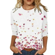 Yoodem Shirts for Women Womens Tops Womens Valentine's Day Series Pattern Printed Three Quarter Sleeve Round Neck Top Tee Shirt Blouse Sweatshirt for Women F L