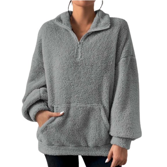 Yoodem Shirts for Women Womens Tops Women's Solid Color Plush Stitching Women's Solid Color Non Hooded Thickened Jacquard Long Sleeved Sweater Jacket Top Sweatshirt for Women Gray L
