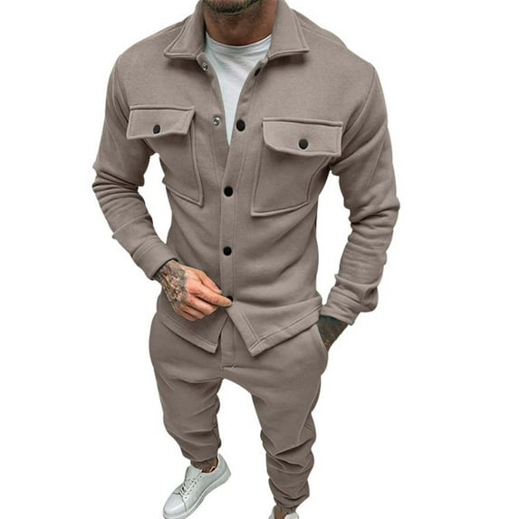 Yoodem Suits for Men Sweatshirts for Men's Fall Breathable Wrinkle Two Piece Breathable Suit Roll Sleeve Shirt Pants Set Mens Shirts Khaki 3XL