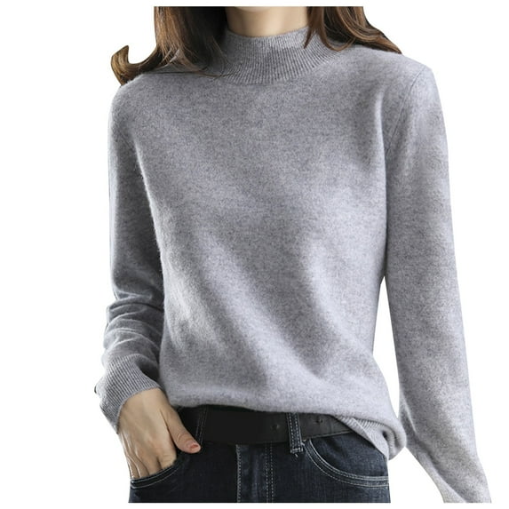 Yoodem Sweaters for Women Christmas Sweater New Half High Collar Knitted Sweater Women's Short Pullover Solid Color Loose Sweater Cropped Sweaters for Women Gray L