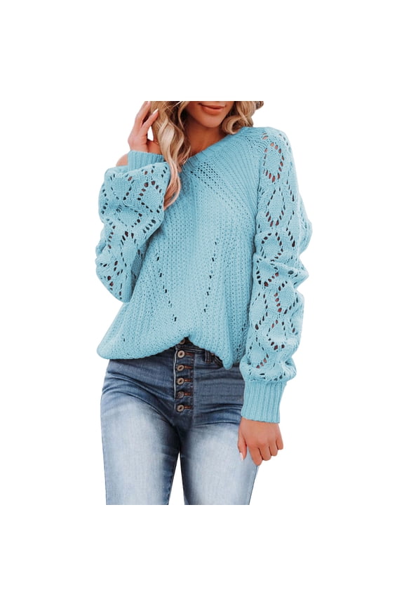 Sweaters for Women Christmas Sweater Womens Off Shoulder Tops Long Sleeve Knit Shirt Crew Neck Pullover Sweater Jumper Tops Casual Warm Sweater Cropped Sweaters for Women Sky Blue XL
