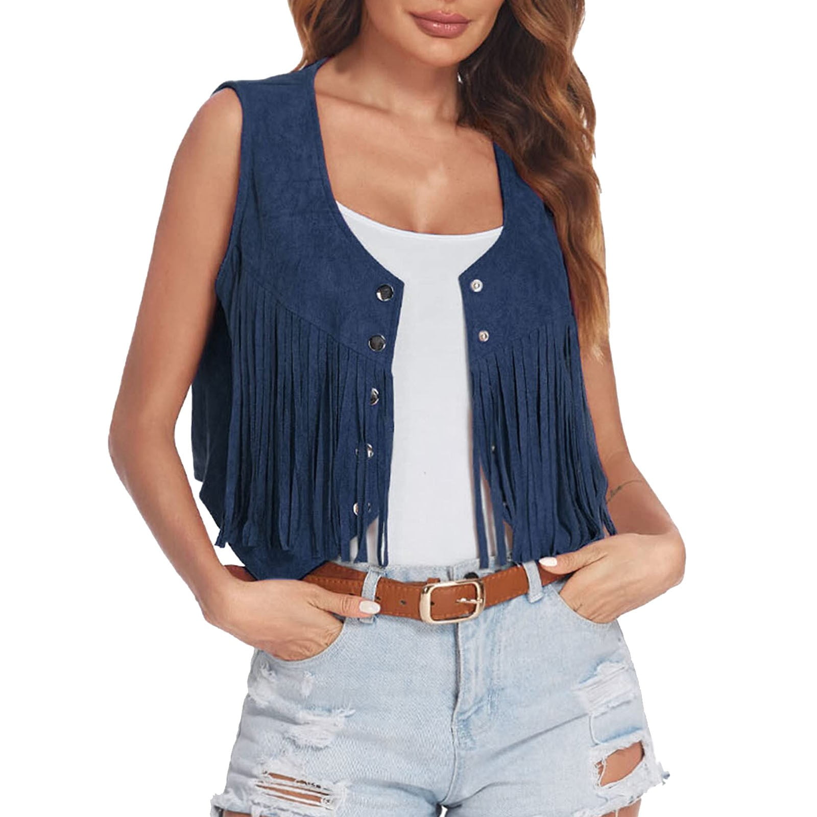 Alvivi Women's Fringe Vest 70s Hippie Costume Sleeveless Tassels Cardigan Cowgirl Western Tops Beige L