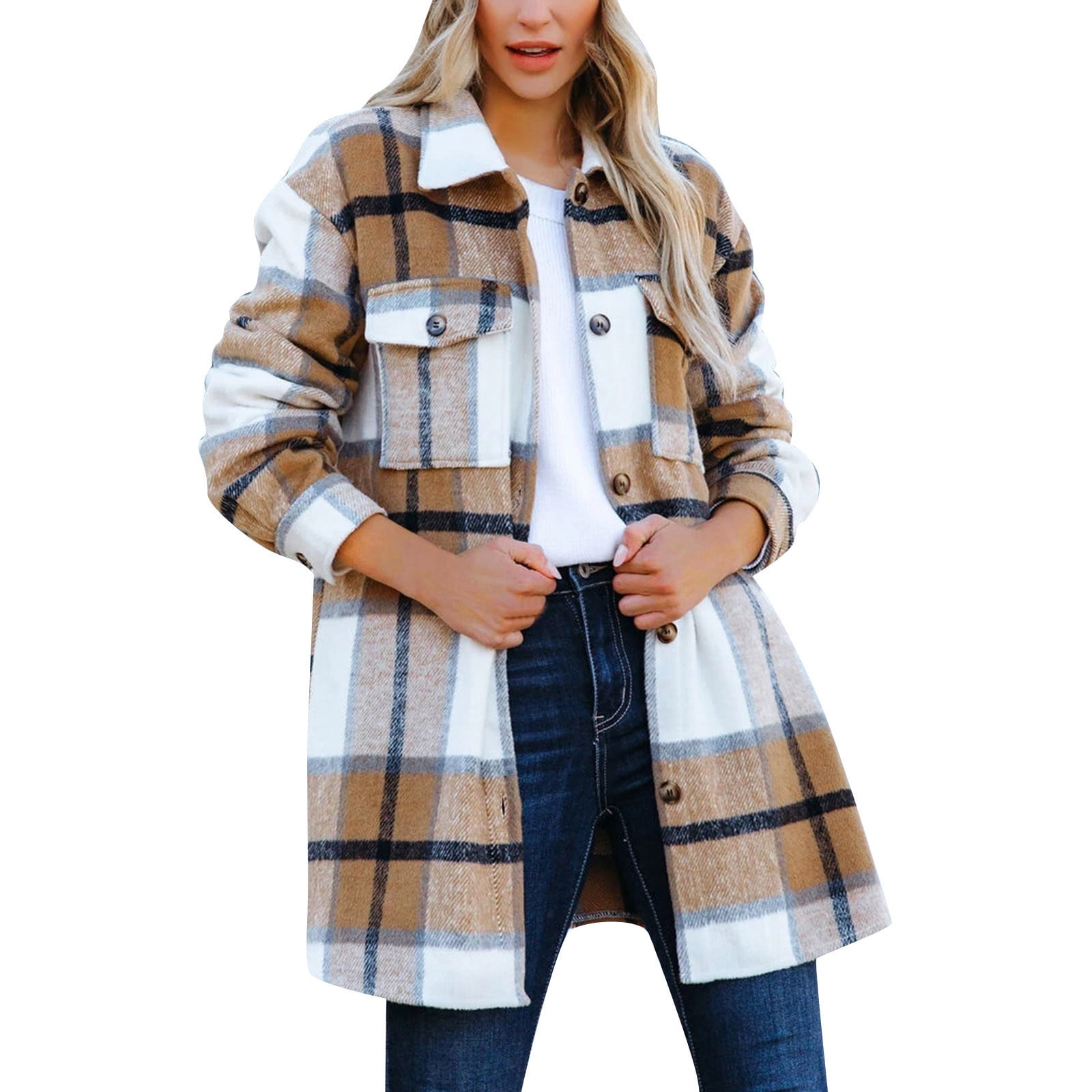 Yoodem Winter Coats for Women Jackets for Women Women s Overcoat Classic Button Down Plaid Printed Winter Fleece Lined Lapel Snow Coat Shirts Outwear
