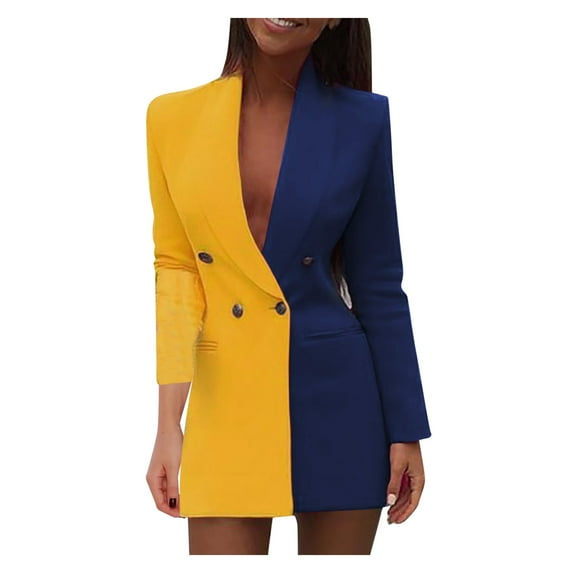 Yoodem Women's Outerwear Blazer Color Block Modern Fit Fingertip Length Lapel Long Sleeve Button with 2 Pockets Yellow L