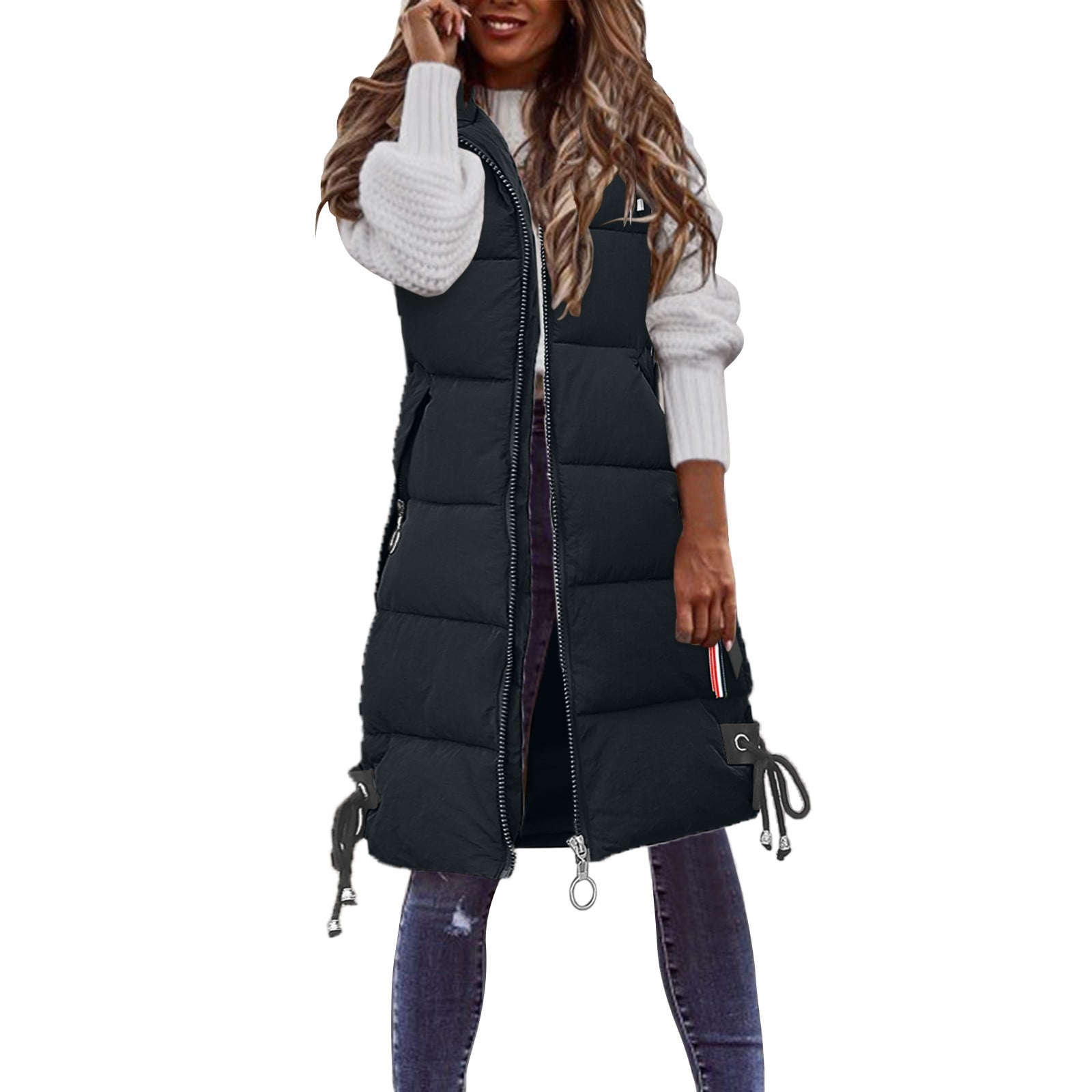 Yoodem Women s Outerwear Puffer Vest Solid Relaxed Fit Knee Length Lapel Sleeveless Zipper with 2 Pockets Black 3XL