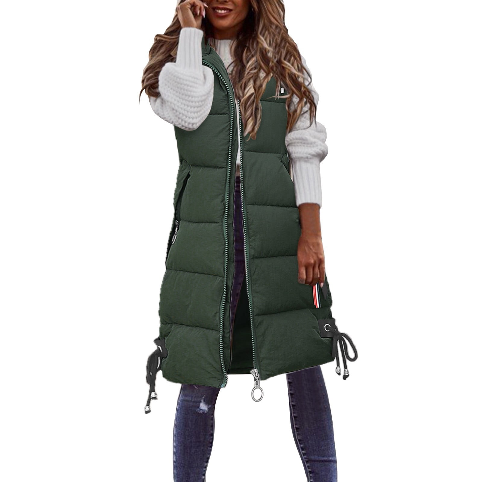 Yoodem Women s Outerwear Puffer Vest Solid Relaxed Fit Knee Length Lapel Sleeveless Zipper with 2 Pockets Gray XXL