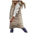 thumbnail image 1 of Yoodem Women's Outerwear Puffer Vest Solid Relaxed Fit Knee Length Lapel Sleeveless Zipper with 2 Pockets Hooded Beige XXL, 1 of 5