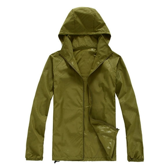 Yoodem Women's Outerwear Windbreaker Solid Relaxed Fit Hip Length Lapel Long Sleeve Zipper Hooded Army Green L