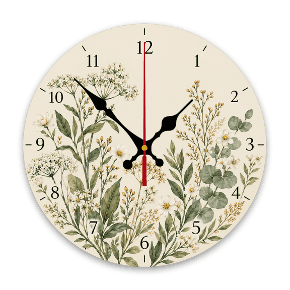 Yoofine 10in Wooden Wall Clock, Botanical Wildflower Eucalyptus Décor