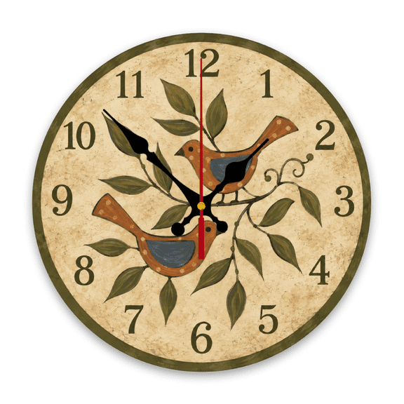 Yoofine 10in Wooden Wall Clock, Folk Art Song Bird Branch Decor
