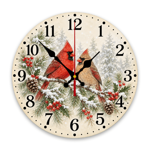 Yoofine 10in Wooden Wall Clock, Winter Cardinal Bird Pine Decor
