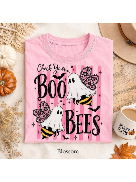 Adult Check Your Boo Bees Ghost Halloween Garment-Dyed T-Shirt