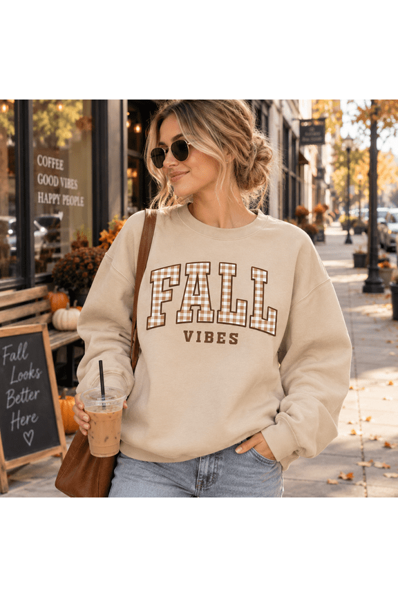 Adult Fall Vibes Gingham Varsity Autumn Cozy Graphic Sweatshirt
