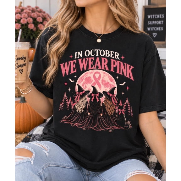 Yoofine Adult In October We Wear Pink Witch Breast Cancer Graphic T-Shirt