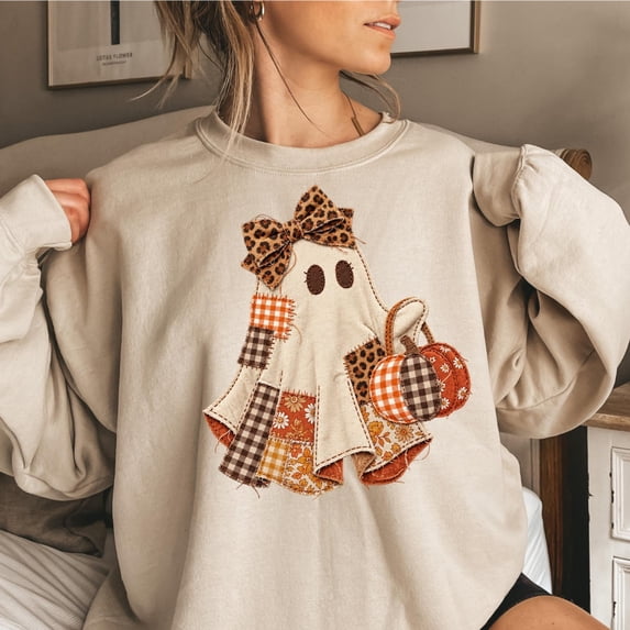 Yoofine Adult Patchwork Ghost Pumpkin Fall Halloween Graphic Sweatshirt
