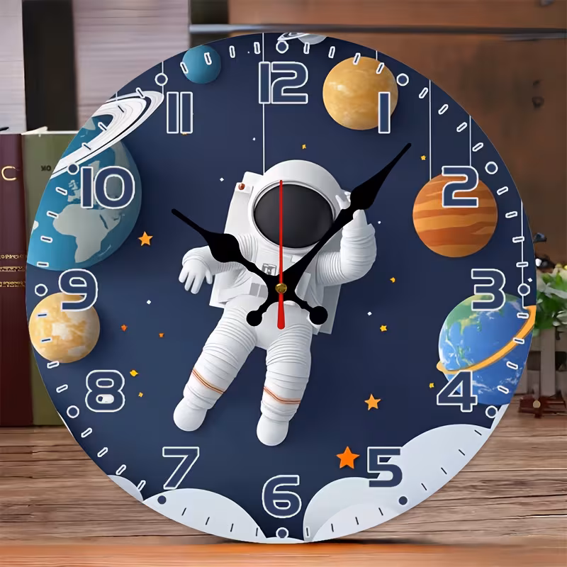 Yoofine Astronaut Space Planets Round Wall Clock, Silent MDF 10 Inch Decor
