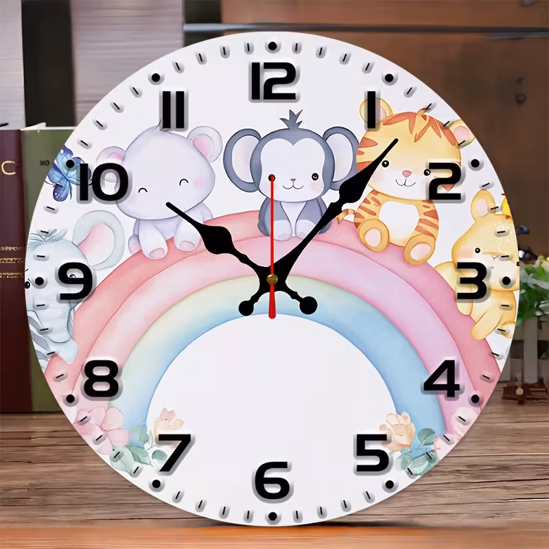 Yoofine Cute Animals Rainbow Round Wall Clock, Silent MDF 10 Inch Decor
