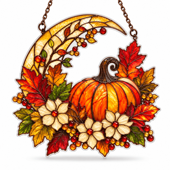 Yoofine Fall Pumpkin Moon Suncatcher, Autumn Leaf Acrylic Window Decor