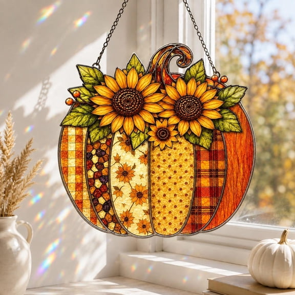 Yoofine Fall Pumpkin Sunflower Suncatcher, Colorful Acrylic Window Decor