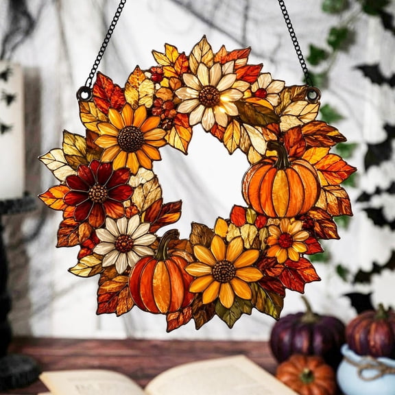 Yoofine Fall Wreath Sunflower Pumpkin Suncatcher, Acrylic Window Decor