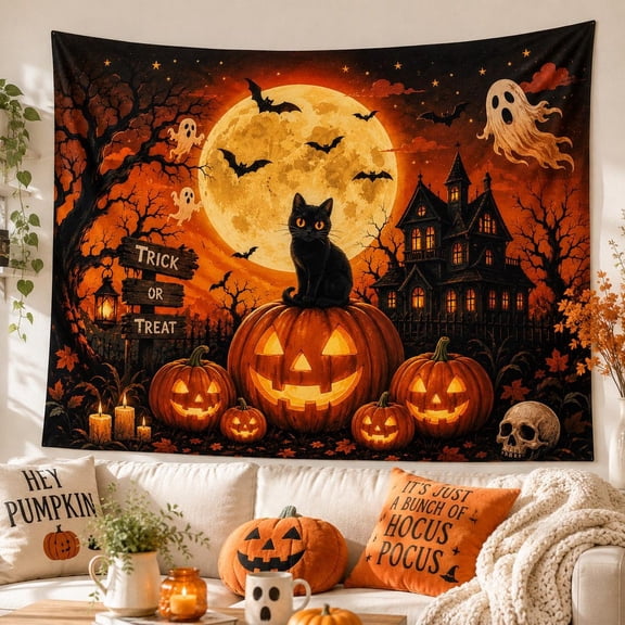 Yoofine Halloween Tapestry, Black Cat Pumpkin Moon Wall Hanging Decor