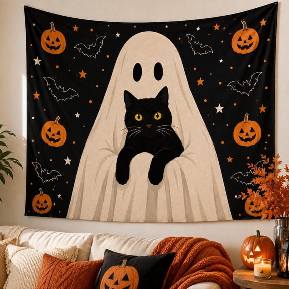 Yoofine Halloween Tapestry, Cute Ghost Black Cat Pumpkin Wall Hanging