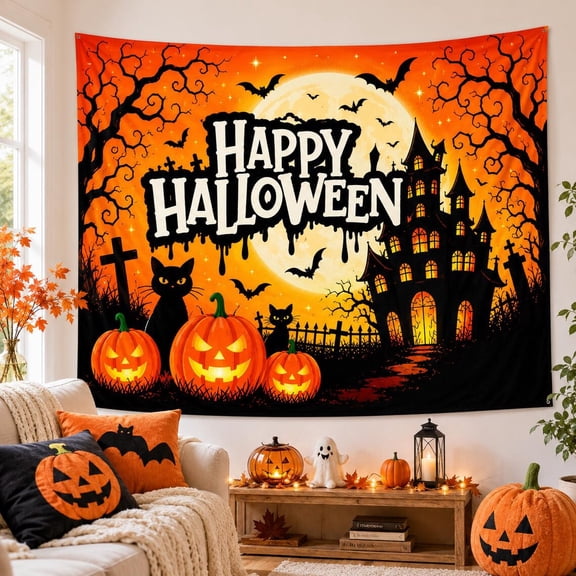 Yoofine Happy Halloween Tapestry, Pumpkin Black Cat Wall Hanging Decor