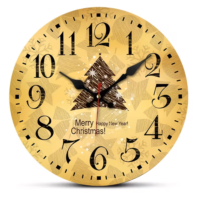 Yoofine Merry Christmas Gold Tree Round Wall Clock, Silent MDF 10 Inch