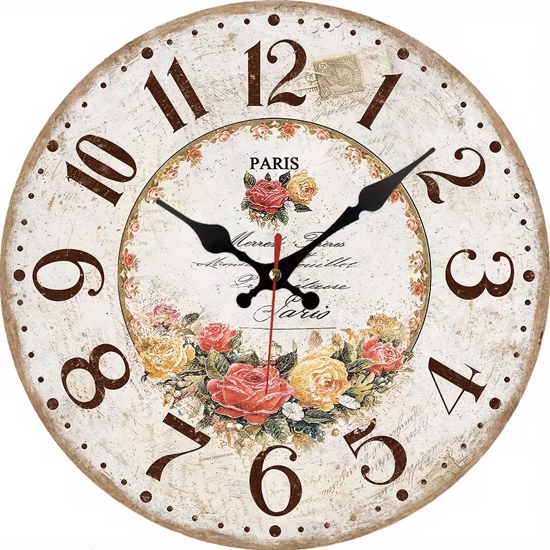 Yoofine Vintage Paris Rose Round Wall Clock, Silent MDF 10 Inch Farmhouse