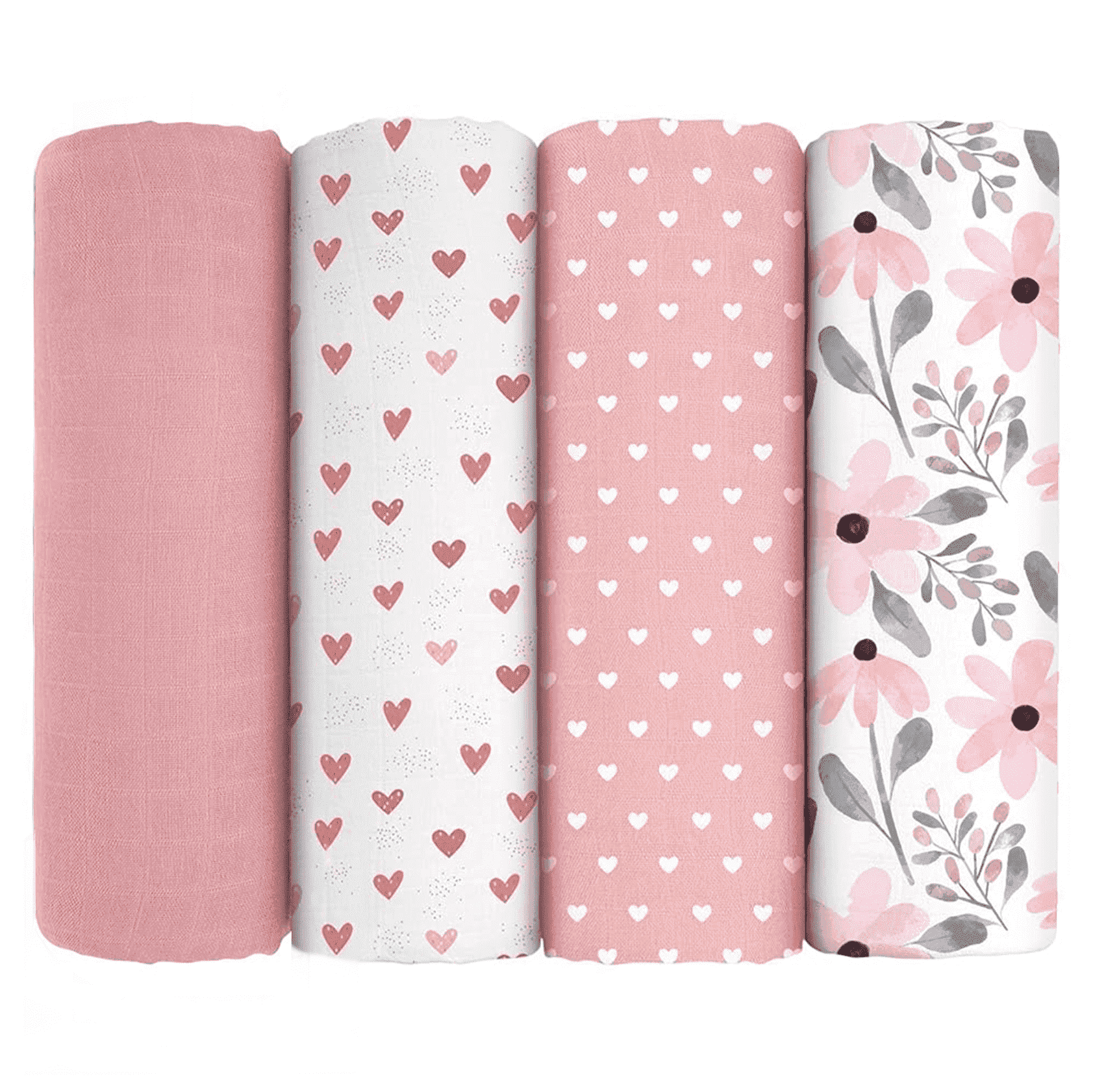 Yoofoss Muslin Swaddle Blankets, Organic Baby Blankets, 47 x 47 Inches Receiving Blanket 4-Pack for Baby Boys and Girls, Baby Essentials for Newborns Soft Breathable Pink Flower