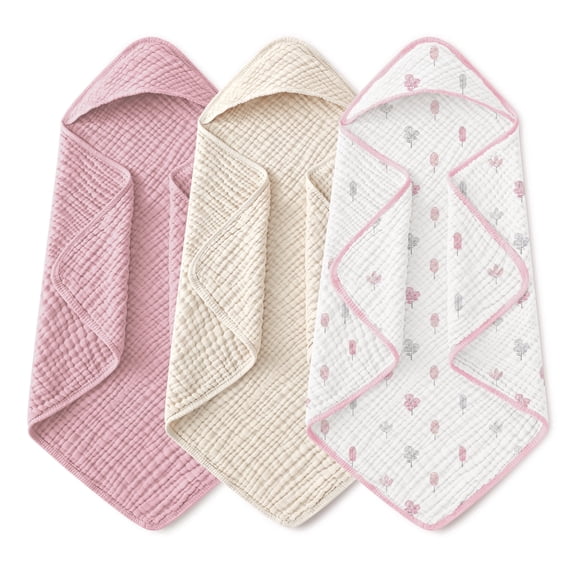 Yoofoss Hooded Baby Towels for Newborn, 3 Pack 100% Muslin Organic Cotton Baby Bath Towel with Hood for Babies, Infant, Toddler and Kids, 32"x32", Newborn Essential