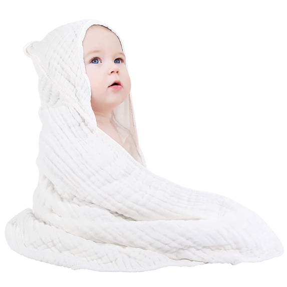 Yoofoss Hooded Baby Towels for Newborn 1 Pack 100% Muslin Organic Cotton Baby Bath Towel with Hood for Babies, Infant, Toddler and Kids, 32x32Inch, Soft and Absorbent Newborn Essential White