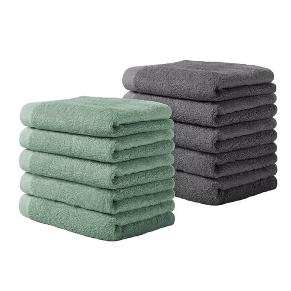Yoofoss Luxury Washcloths Towel Set 10 Pack Baby Wash Cloth for Bathroom-Hotel-Spa-Kitchen Multi-Purpose Fingertip Towels & Face Cloths Green & Dark Grey
