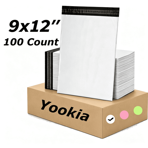 Yookia 9x12 inch Poly Mailers 100 Pcs – Tear-Proof, Self-Sealing, Waterproof Shipping Bags for Clothing & E-commerce Packaging (Classic White)