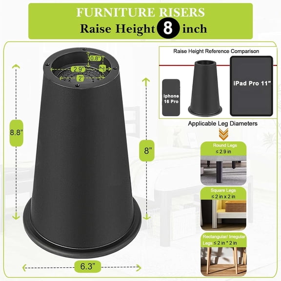 Yookwutar 9 Pack Furniture Risers 8 Inch, Bed Risers Heavy Duty for Table Desk Couch Chair Sofa Cabinet Bed Frame Dorm, Round Table Leg Risers Lift Height 8", Black