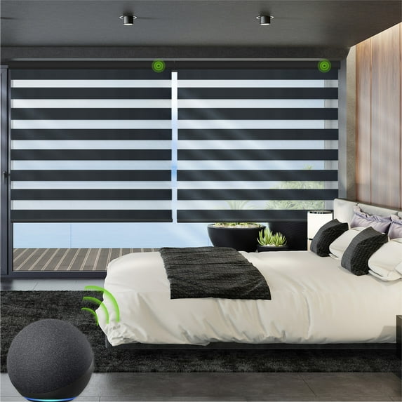 Yoolax Motorized Zebra Blinds Light Filtering Dual Layer Sheer Blinds Cordless Roller Shade(95% Shading Luxury Black,46"W x 72"H)