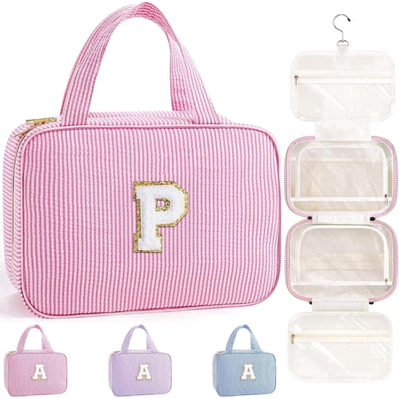 Yoolife Hanging Initial Makeup Cosmetic Bag for Women, Travel Toiletry Bag Organizer for Women, Travel Essentials, Birthday Gifts for Her, Pink, P