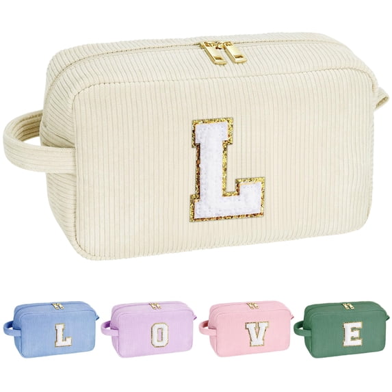 Yoolife Initial Travel Makeup Bags Set for Women Girl, Small Toiletry Cosmetic Bag, Makeup Organizer, Birthday Gifts for Women, Travel Pouch, White, L