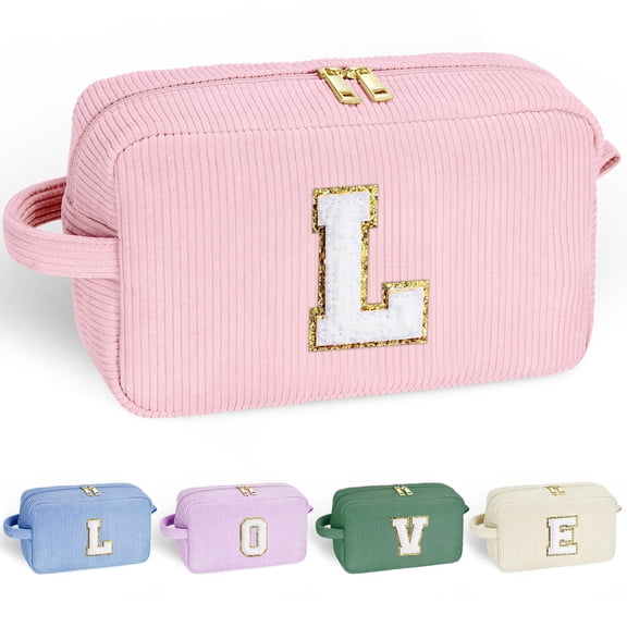 Yoolife Initial Travel Makeup Bags Set for Women Girl, Small Toiletry Cosmetic Bag, Makeup Organizer, Birthday Gifts for Women, Travel Pouch, Pink, L