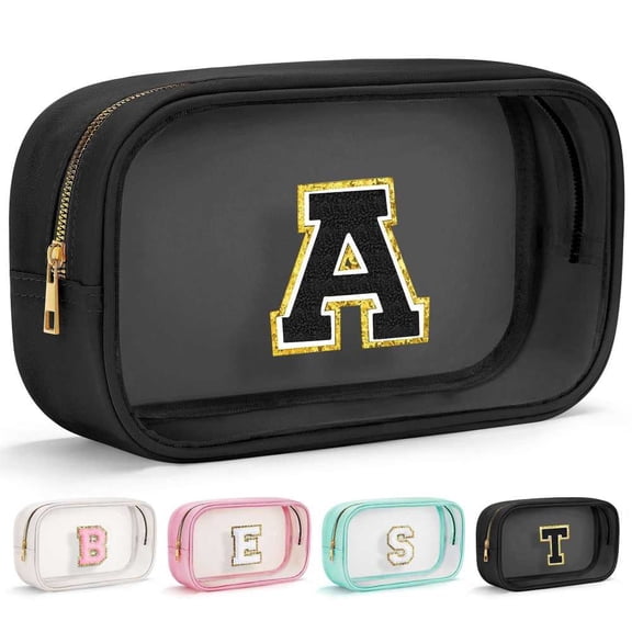 Yoolife Travel Cosmetic Bag for Women Girl, Initial Makeup Bags for Girls Daughter Sister, Birthday Gifts for Women, Waterproof Pouch, Black, A