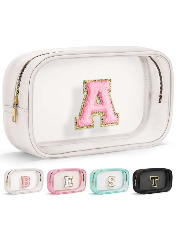 Travel Cosmetic Bag for Women Girl, Initial Makeup Bags for Girls Daughter Sister, Birthday Gifts for Women, Waterproof Pouch, White, A