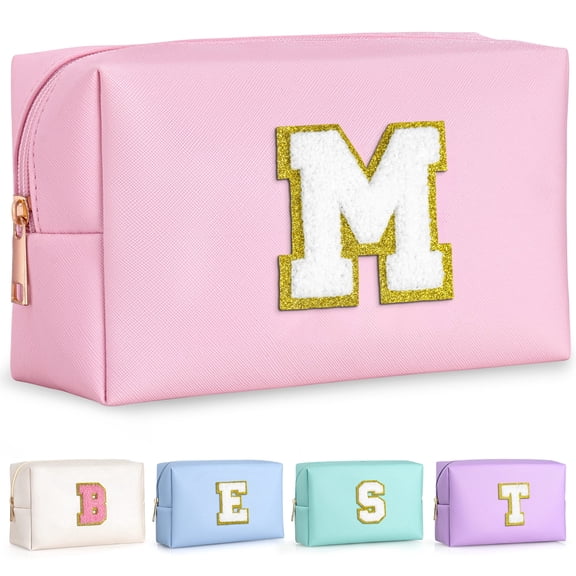 Yoolife Travel Makeup Bags for Women, Initial Cosmetic Gift Bag for Girls Sister Daughter, Personalized Birthday Gifts for Women Mom, Pink, Letter M