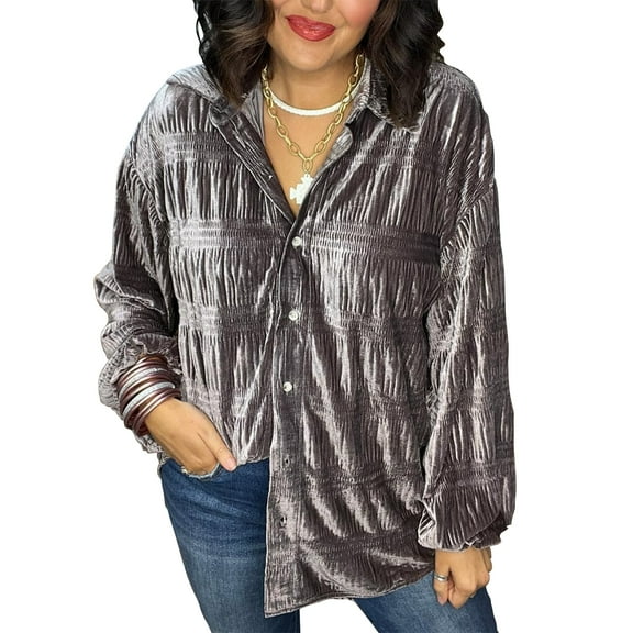 Yoolin Shirred Velvet Button Down Top, Women's Velvet Shirred Button Down Top Solid Long Sleeve V Neck Loose Blouse
