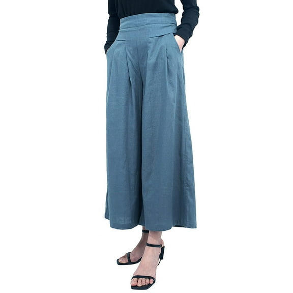 Yoolin Womens Causal Cotton Linen Pants Wide Leg High Waist Capri Trousers with Pocket for Summer Ladies Elastic Casual Pants
