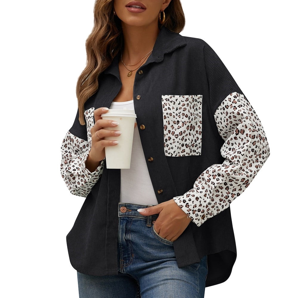 Yoolin Womens Leopard Contrast Denim Jackets Oversized Long Sleeve ...